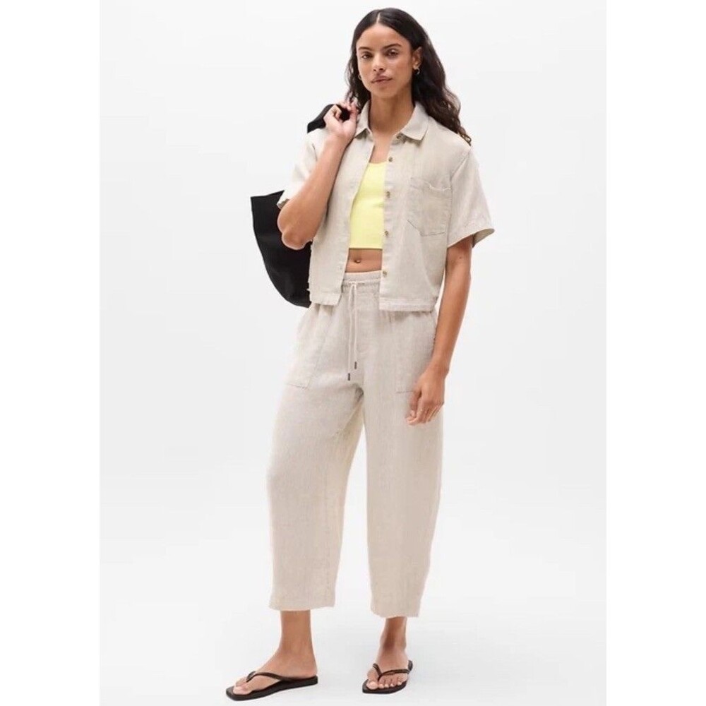 Athleta L Large Retreat Linen Easy Barrel Crop Pant, Undyed Natural Summer NWOT
